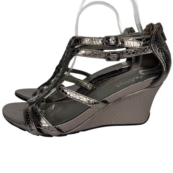 Y2K Kenneth Cole Reaction Bronze Faux Snake Skin Wedge Sequence Sandals Size 7.5 - Picture 5 of 12